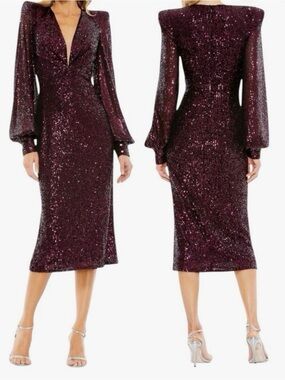Mac Duggal Magenta Sequin Midi Dress with Puff Sleeves